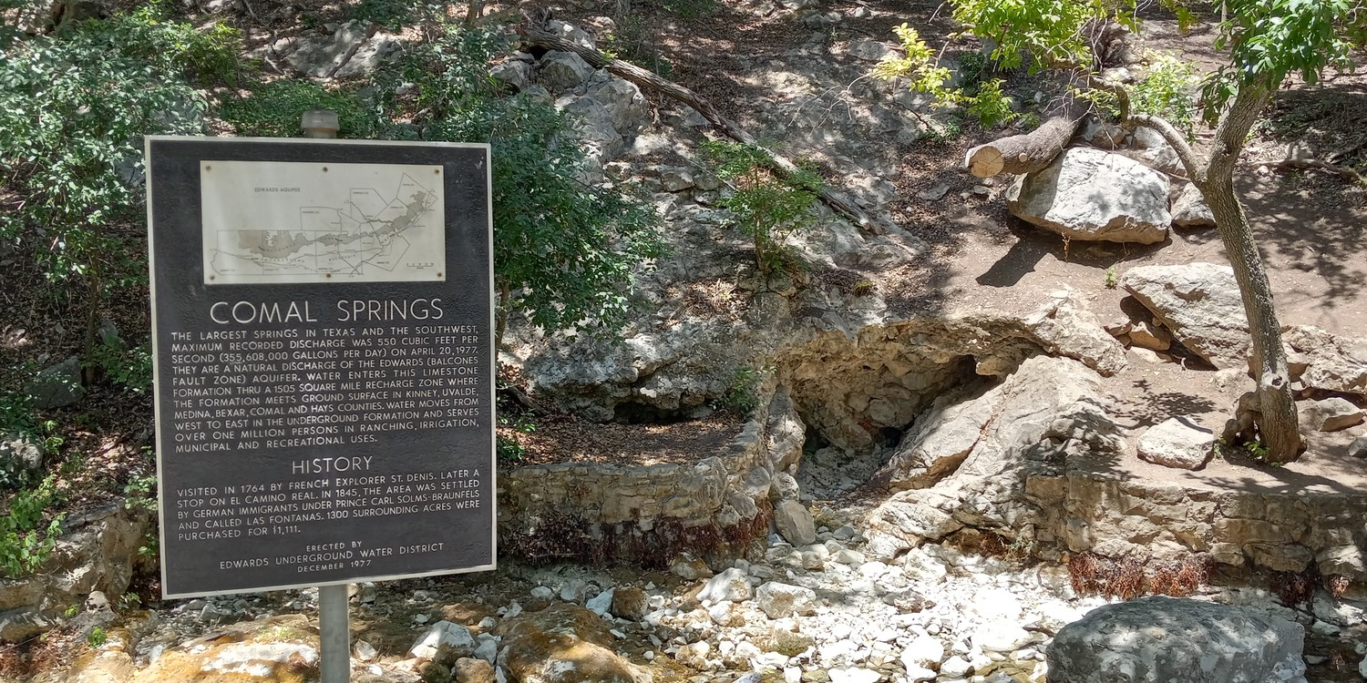 Plague with a dried-up Comal Springs at New Braunfels, Texas—Photo: SRR