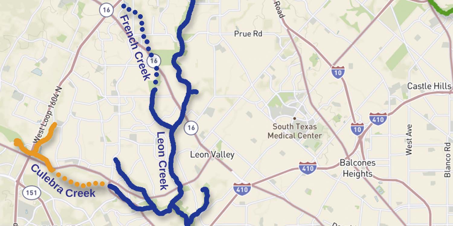 New trails for westside: French Creek to connect Nani Falcone Park to Loop 1604, Helotes Creek Greenway connection to Culebra Creek—Map: USGS; markings: SRR