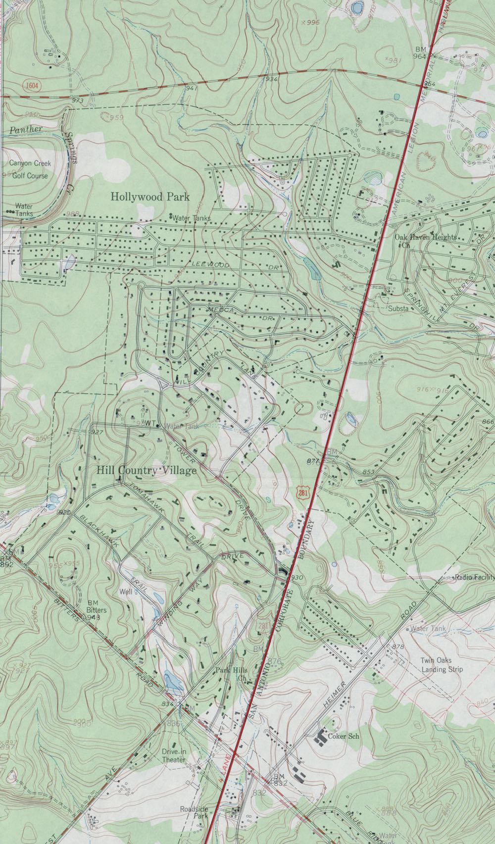 1967 topo map with new development in Hollywood Park and a planned loop 1604