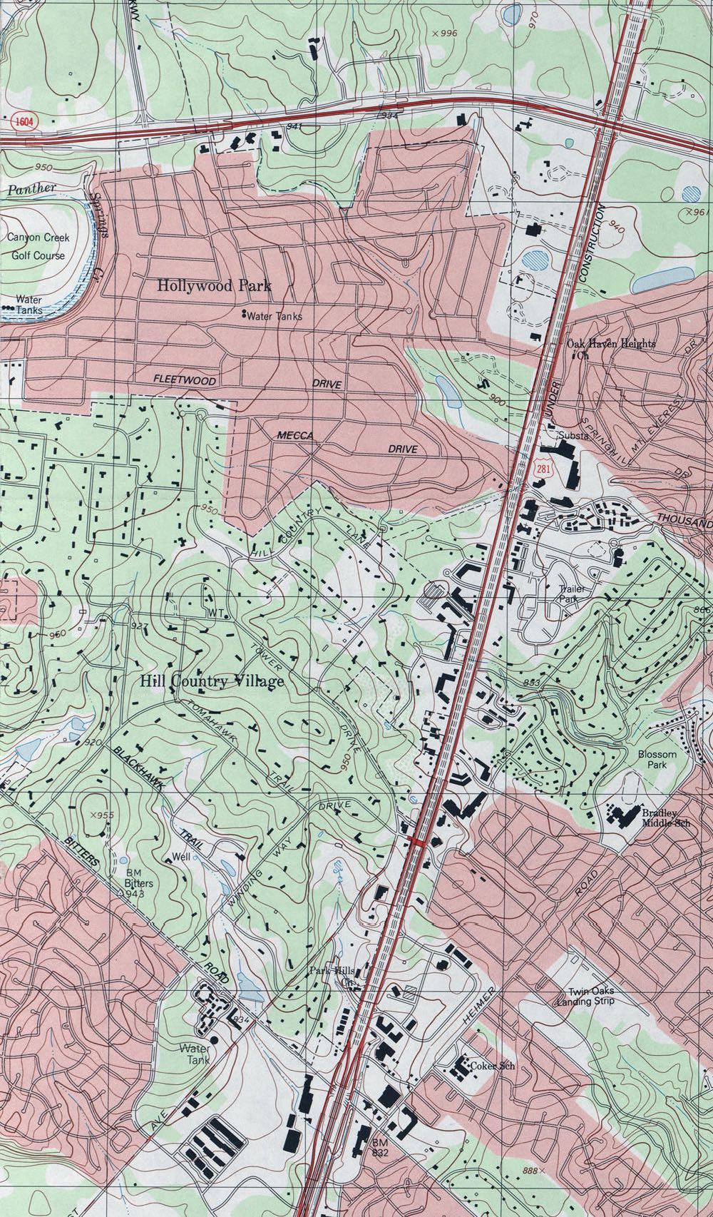 1992 topo map showing Hollywood Park with more streets and additional business on U.S. 281 that became an expressway in early 1980s
