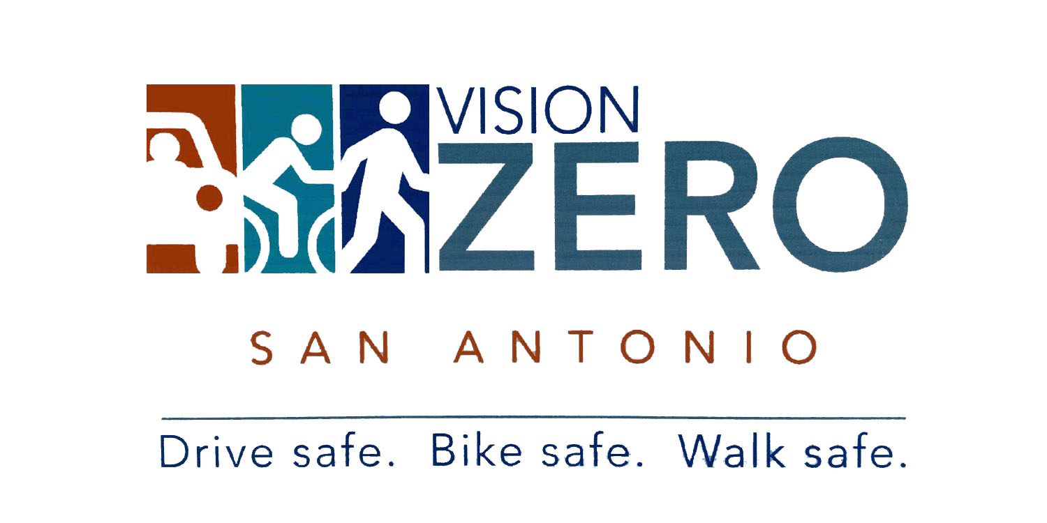 Vision Zero San Antonio logo with logos of a motorist, cyclist, and runner