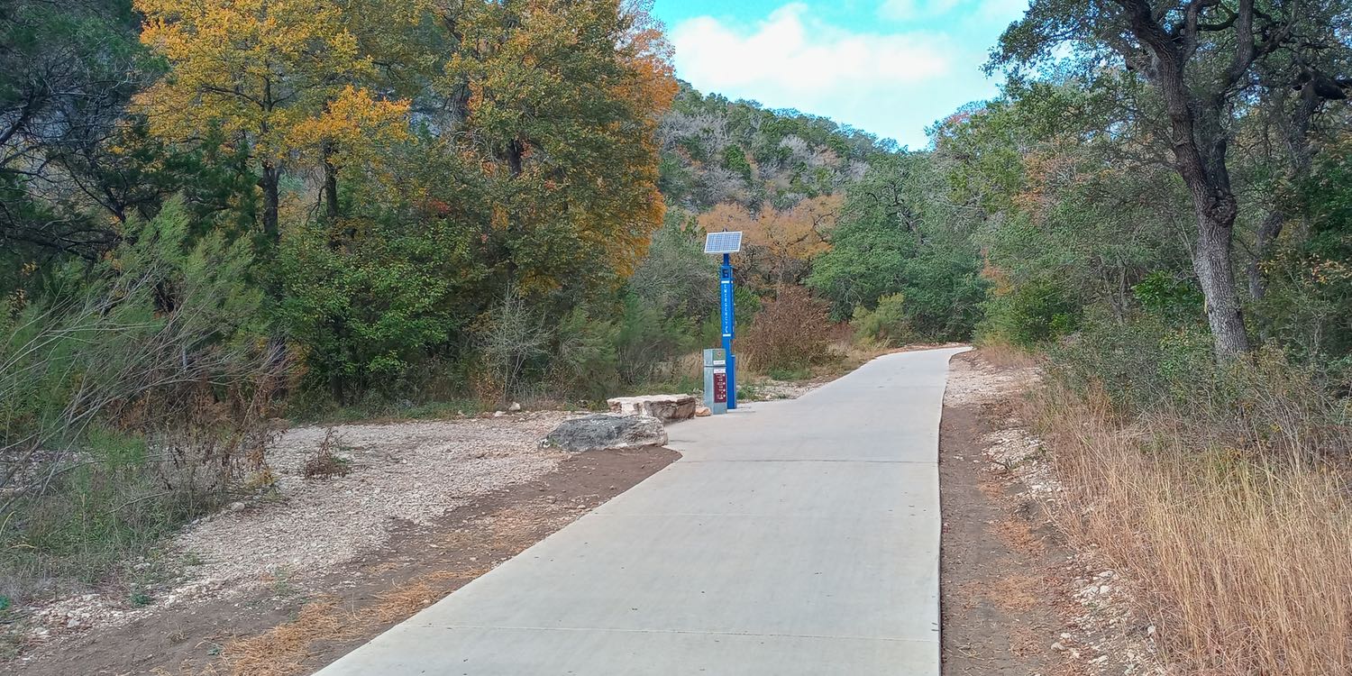 Salado Creek Greenway emergency post with solar-powered direct link to 911