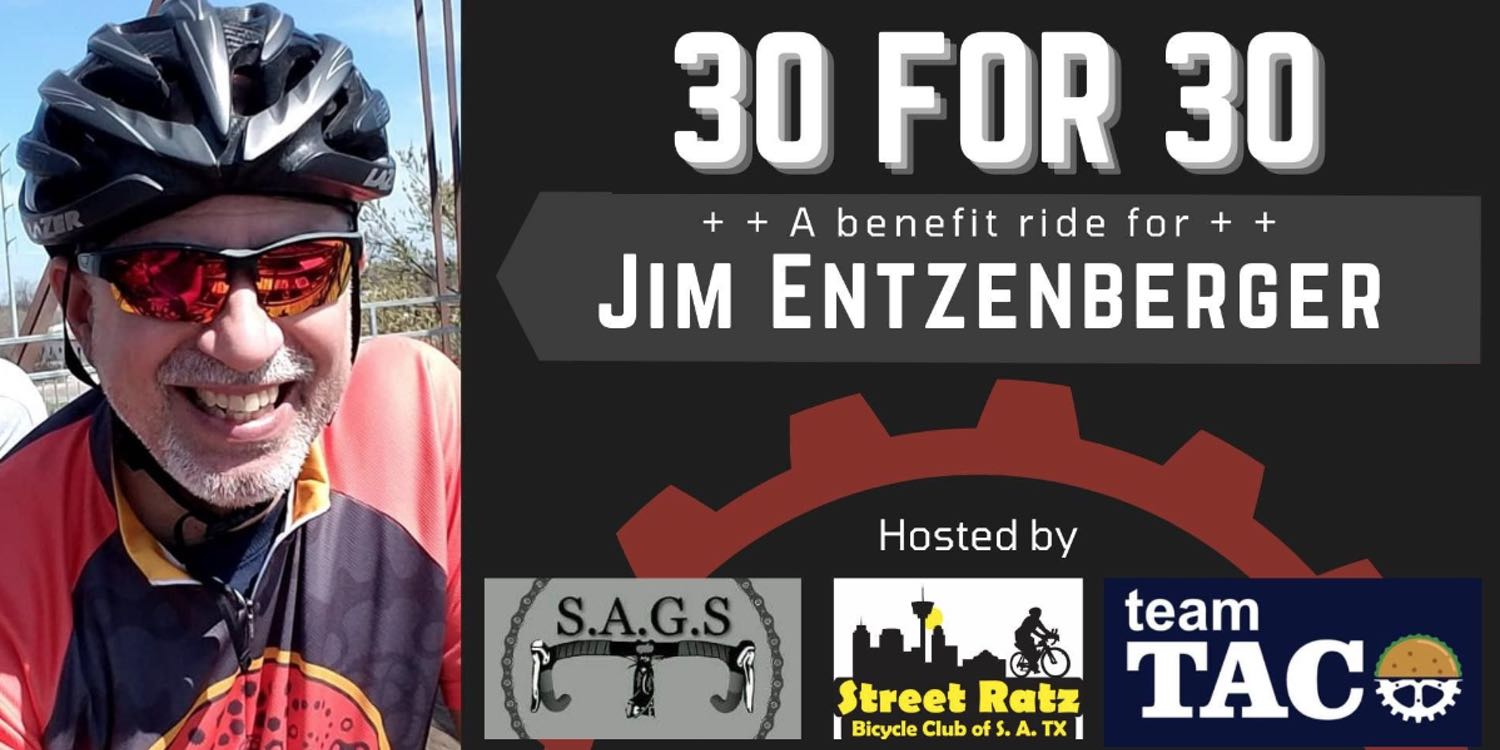 Jim Entzenberger appears with his bike helmet and shirt with 30 for 30 benefit ride announcement