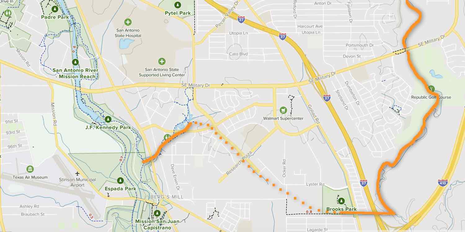 Conceptualized map of how the Salado Creek Greenway could be connected to Brooks Park and Mission Reach—Maps: AllTrails.com, Graphics: SRR