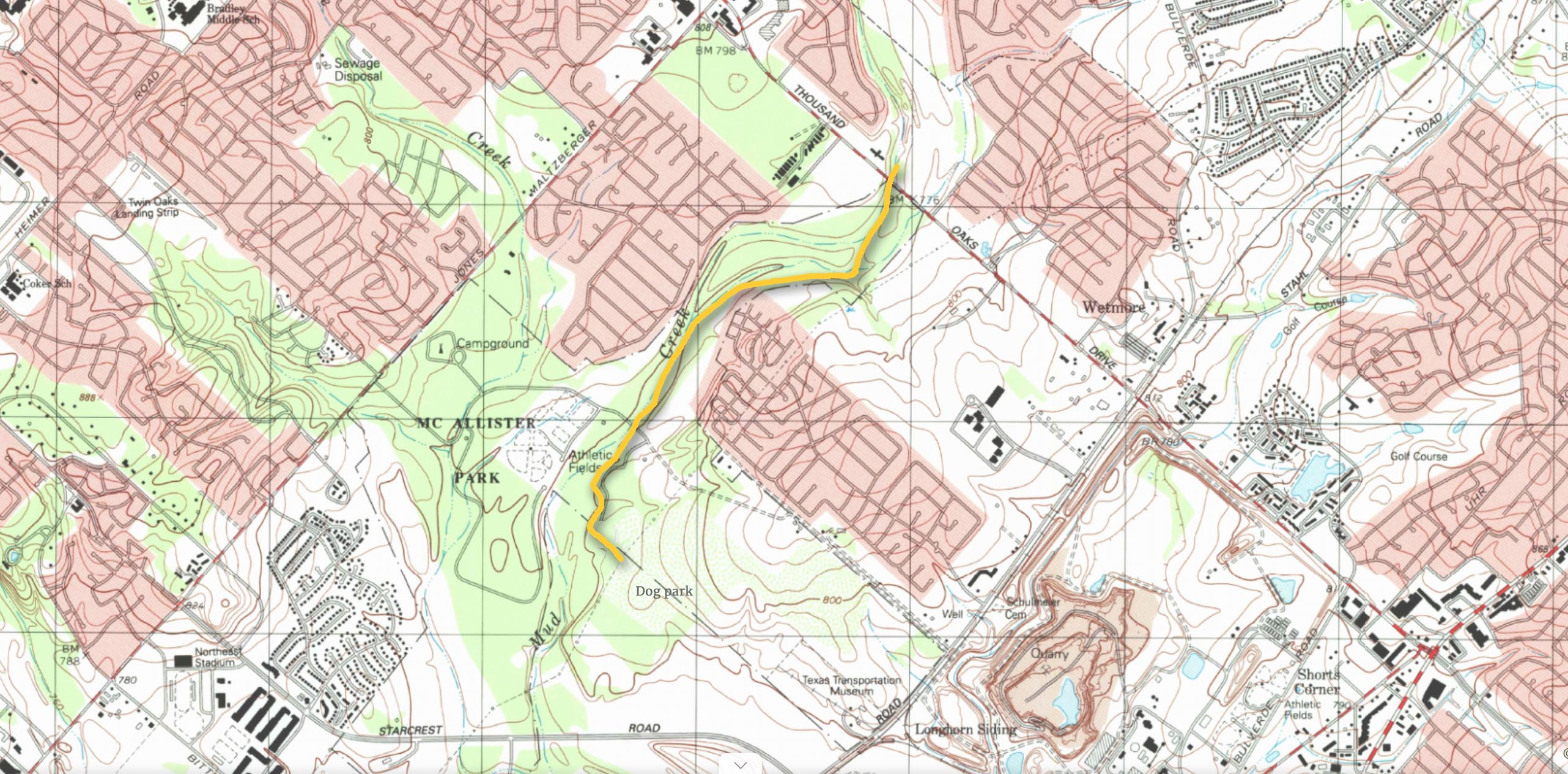 The 1.6 mile (3-km) proposed route runs from the dog park trailhead via a part of the Red Trail and Bee Tree to Thousand Oaks Drive—Map: USGS