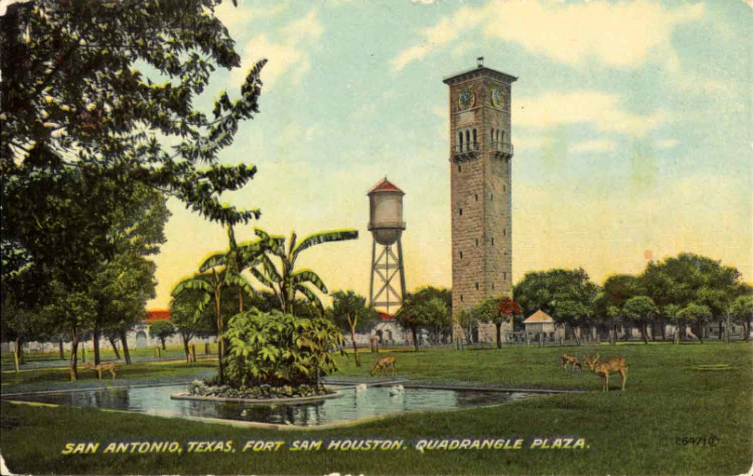 Quadrangle Plaza with the water tower in the background—Postcard: Univ. of Houston Libraries