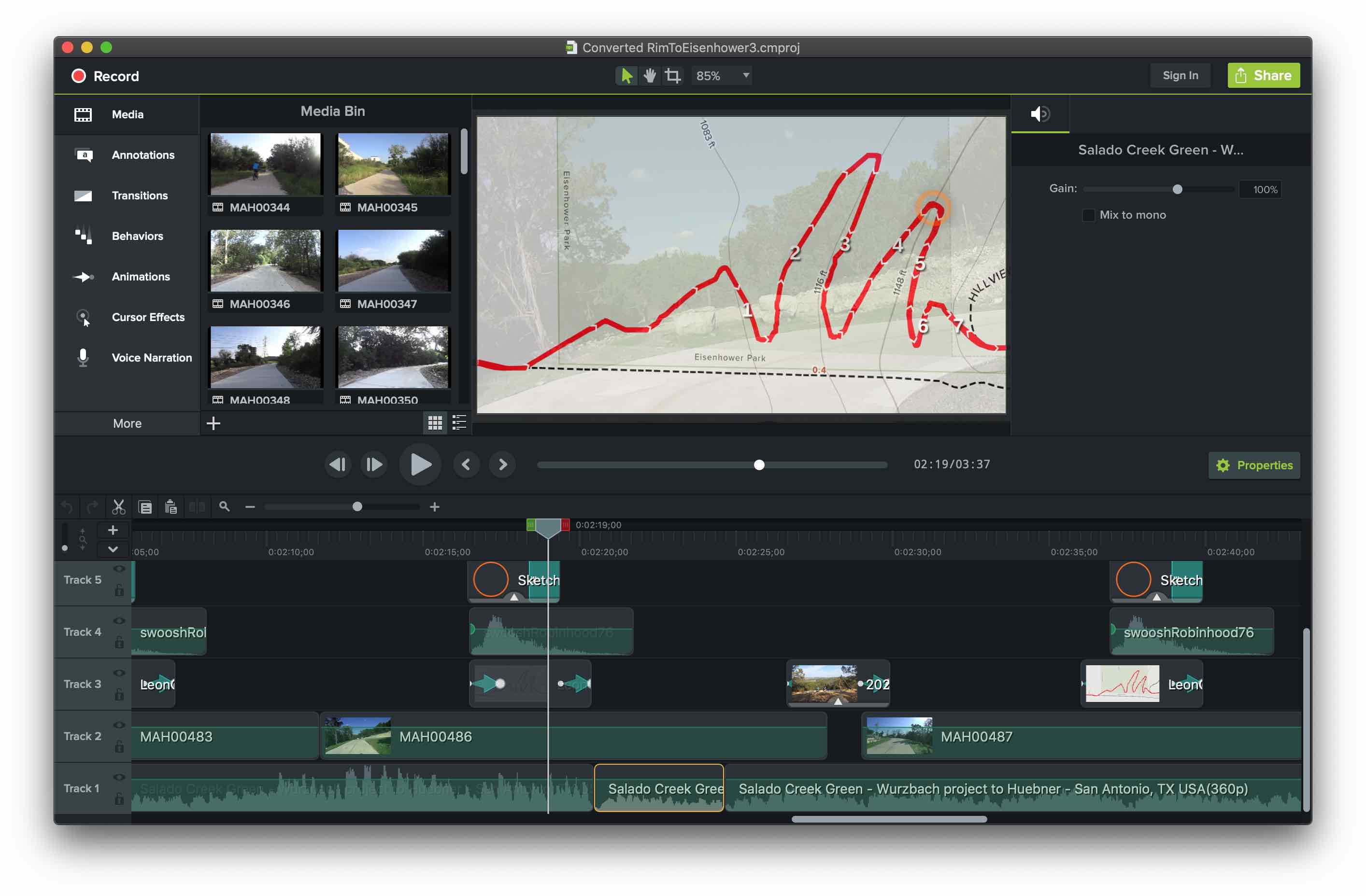 The Rim to Eisenhower Connector video queued on a Camtasia video editor—Software: TechSmith