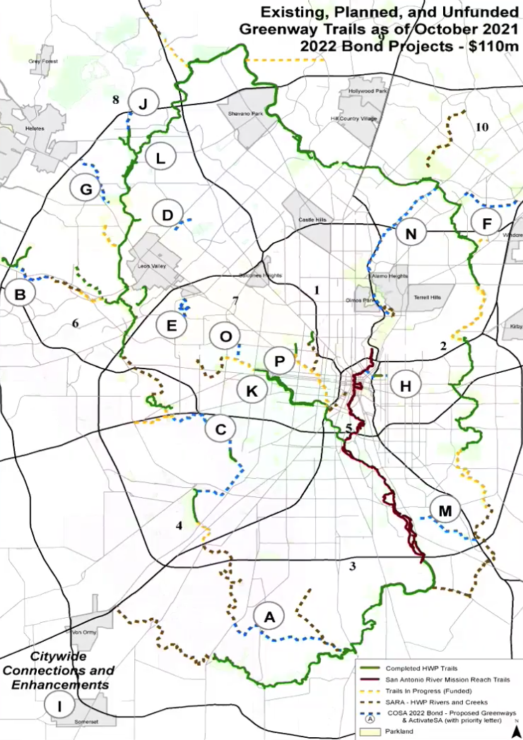 Map shows 155 miles (240 km) planned for the greenway trails—Map: San Antonio Parks and Recreation