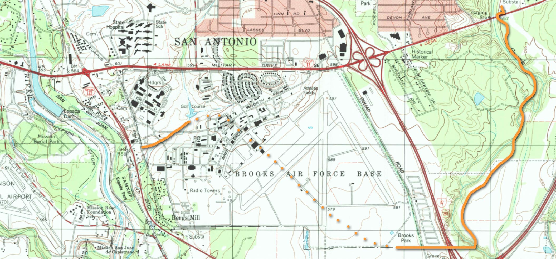 Conceptualized route across grounds once occupied by an air force and how it could be connected to the Mission Reach—Maps: USGS, Graphics: SRR