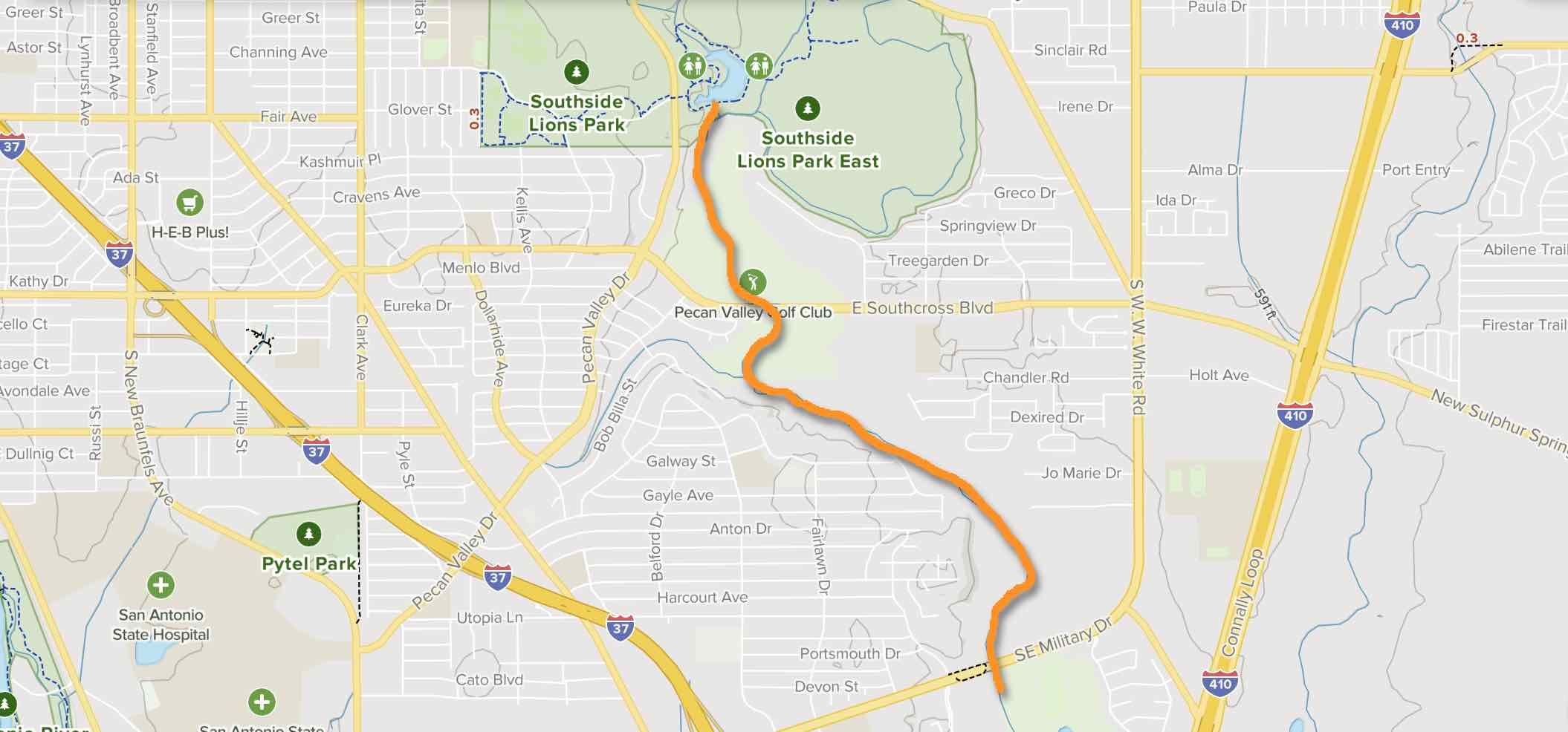 Projected trail illustrates how it will connect Southside Lions Park to S.E. Military—Maps: AllTrails.com, Graphics: SRR