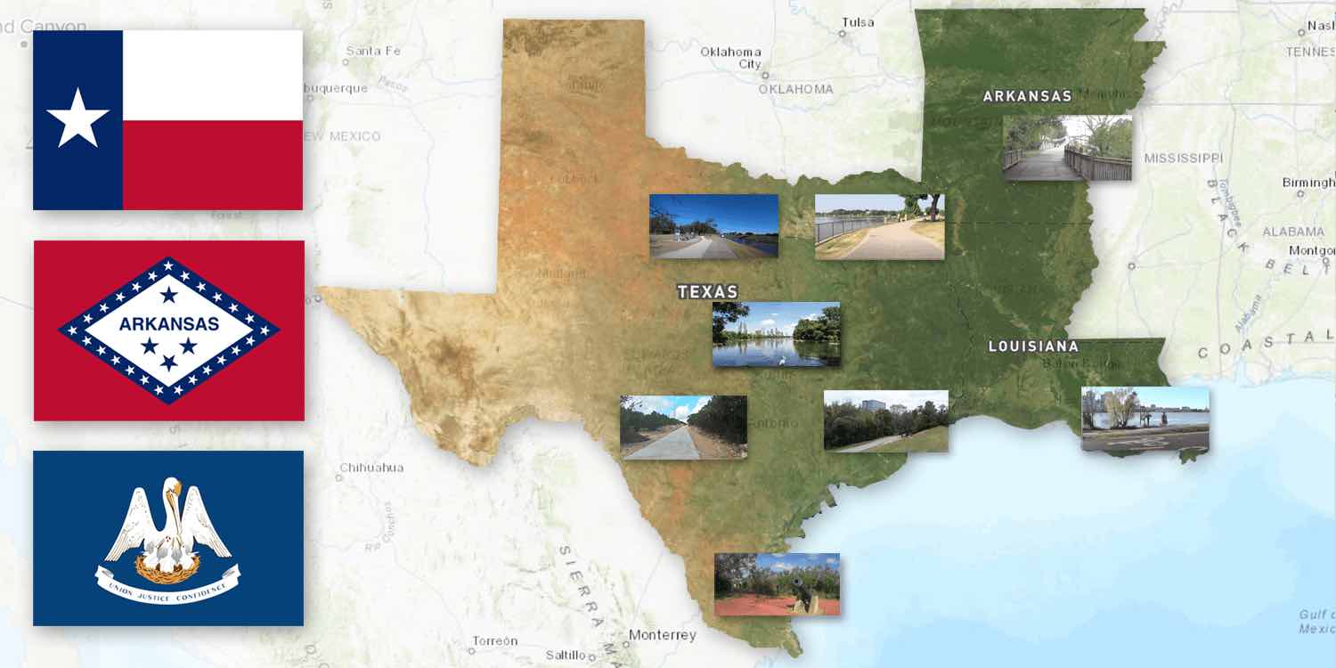 Flags and map of Texas and our neighboring states of Arkansas and Louisiana—Maps: AllTrails.com