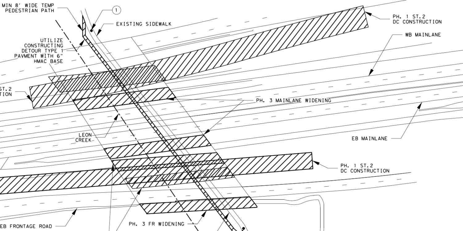 TxDOT engineering drawing of the detour for the Leon Creek Greenway under Loop 1604