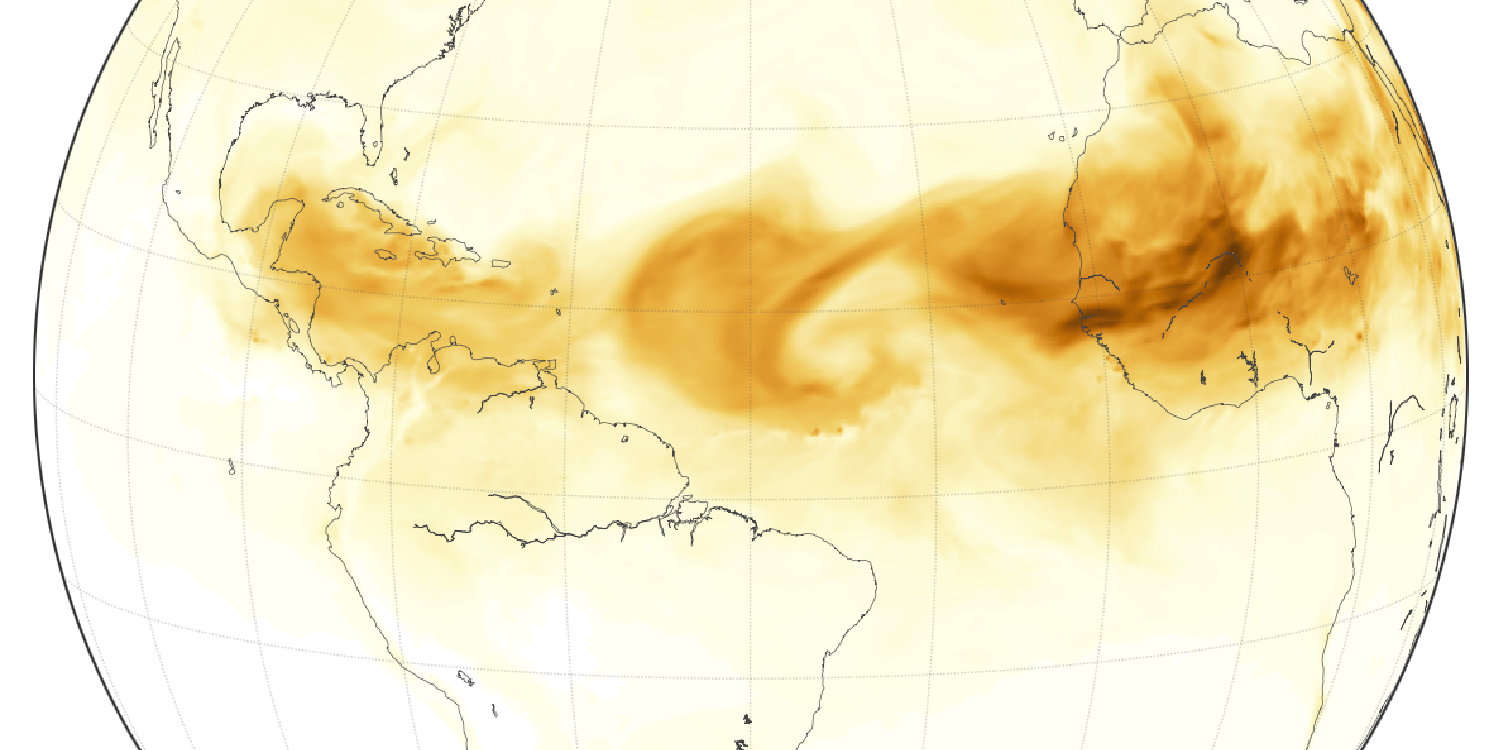 Sahara Dust clouds move westward across Atlantic Ocean from Africa