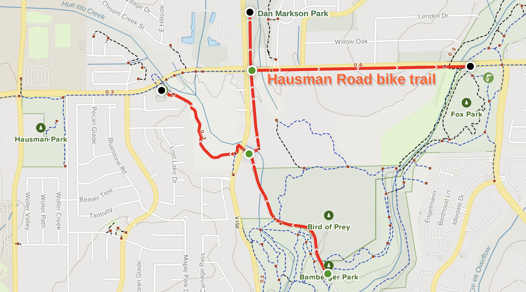 Hausman Road bike trail—Map: AllTrails.com, Graphics: SRR
