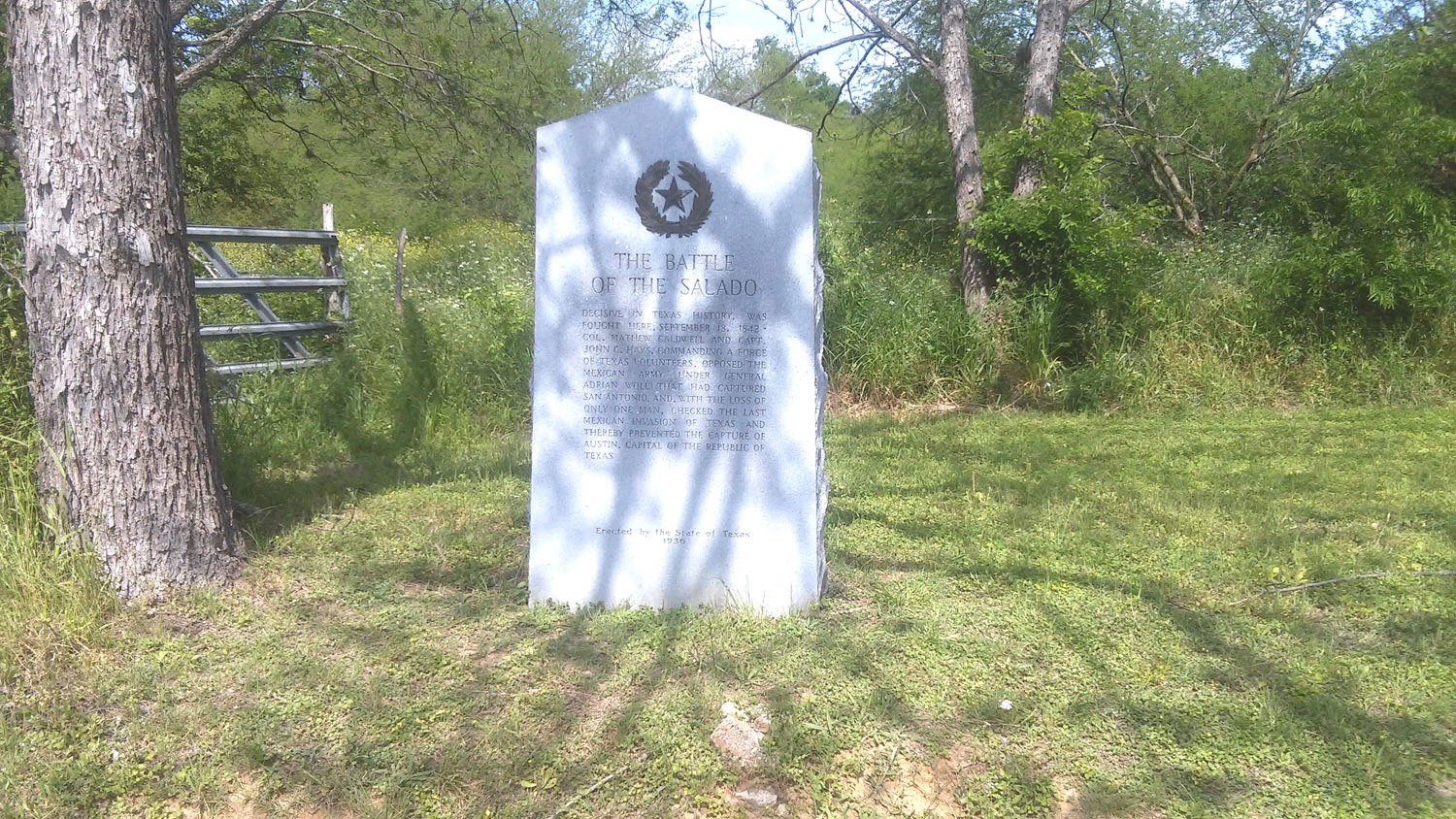 State of Texas historical marker depicting the Salado Battle of September 1842 when Mexican forces captured San Antonio. The Texans fought back and reclaimed the Alamo City