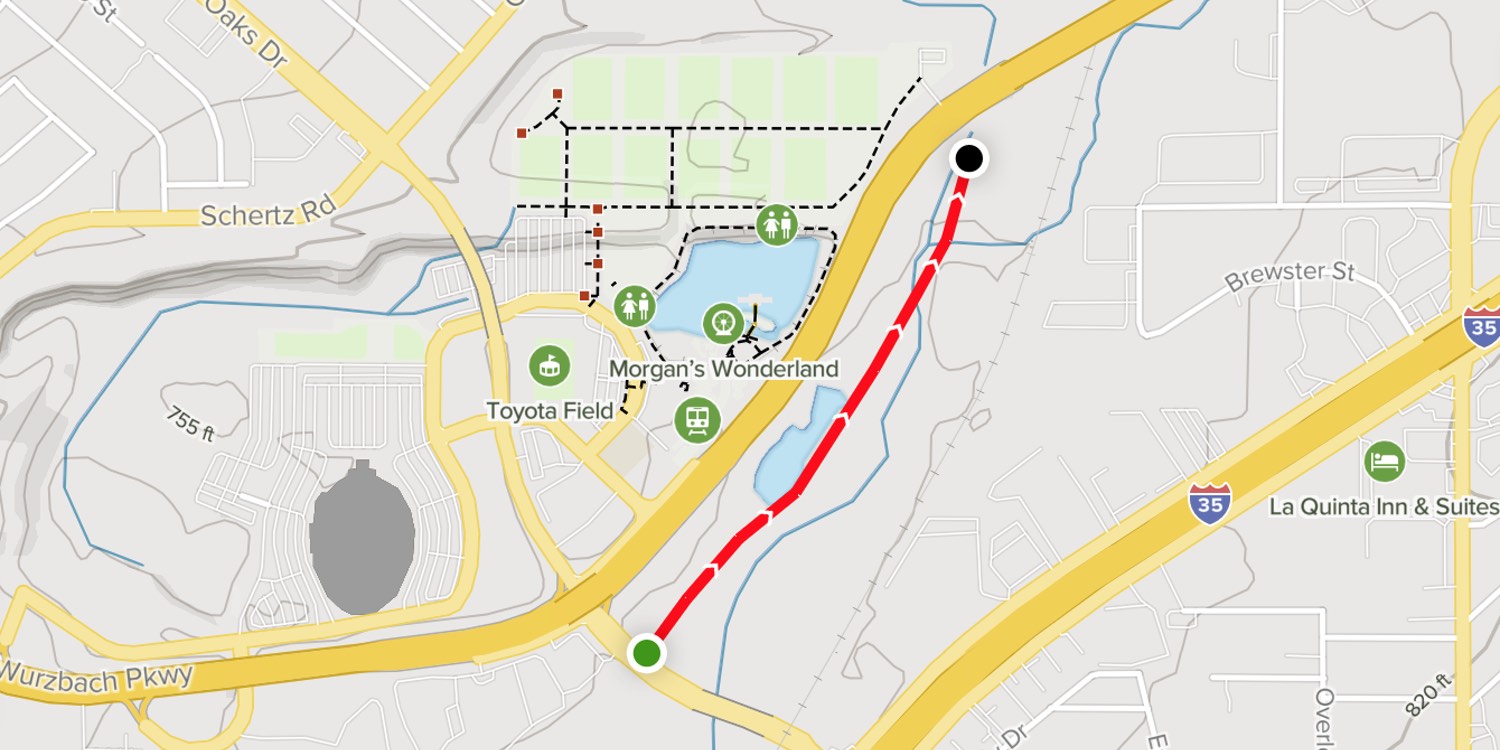 Segment of the Beitel Creek Greenway between Thousand Oaks and Wurzbach Parkway— Map: AllTrails.com